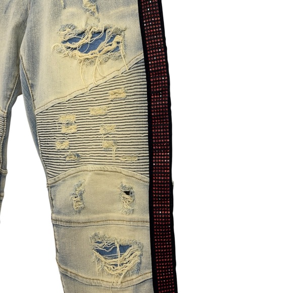 PREME Eldredge Rhinestone Stripe Denim 36x33 Light Wash Distressed Moto Jeans - Picture 4 of 16